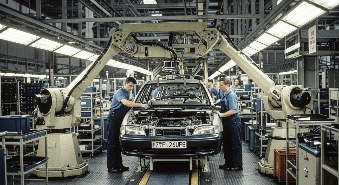 Una línea de producción automotriz de los años 90, donde la eficiencia y el seguimiento de piezas eran cruciales.